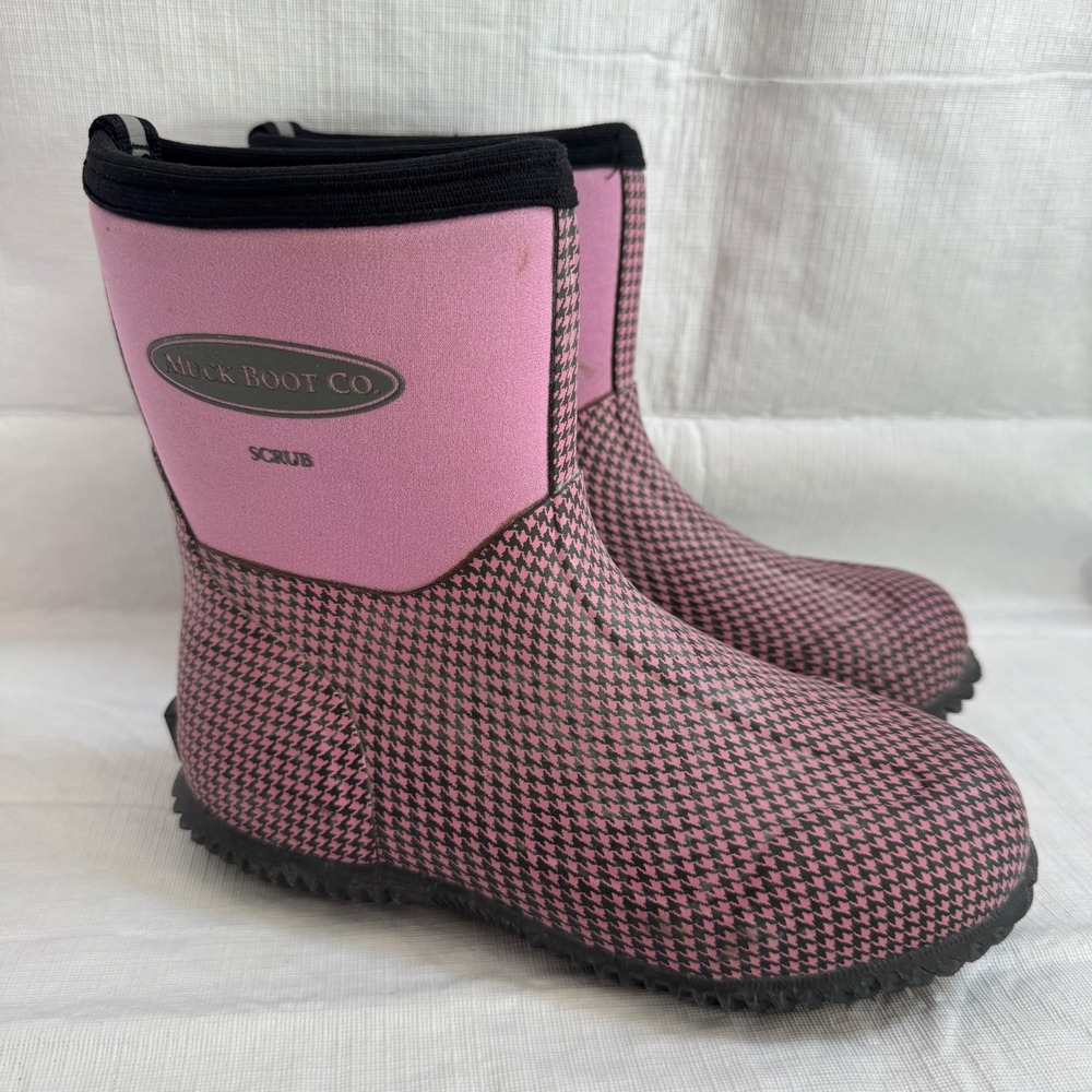 Muck Boot Co Scrub Pink Houndstooth Neoprene Rubber Rain Boots Womens 4/4.5